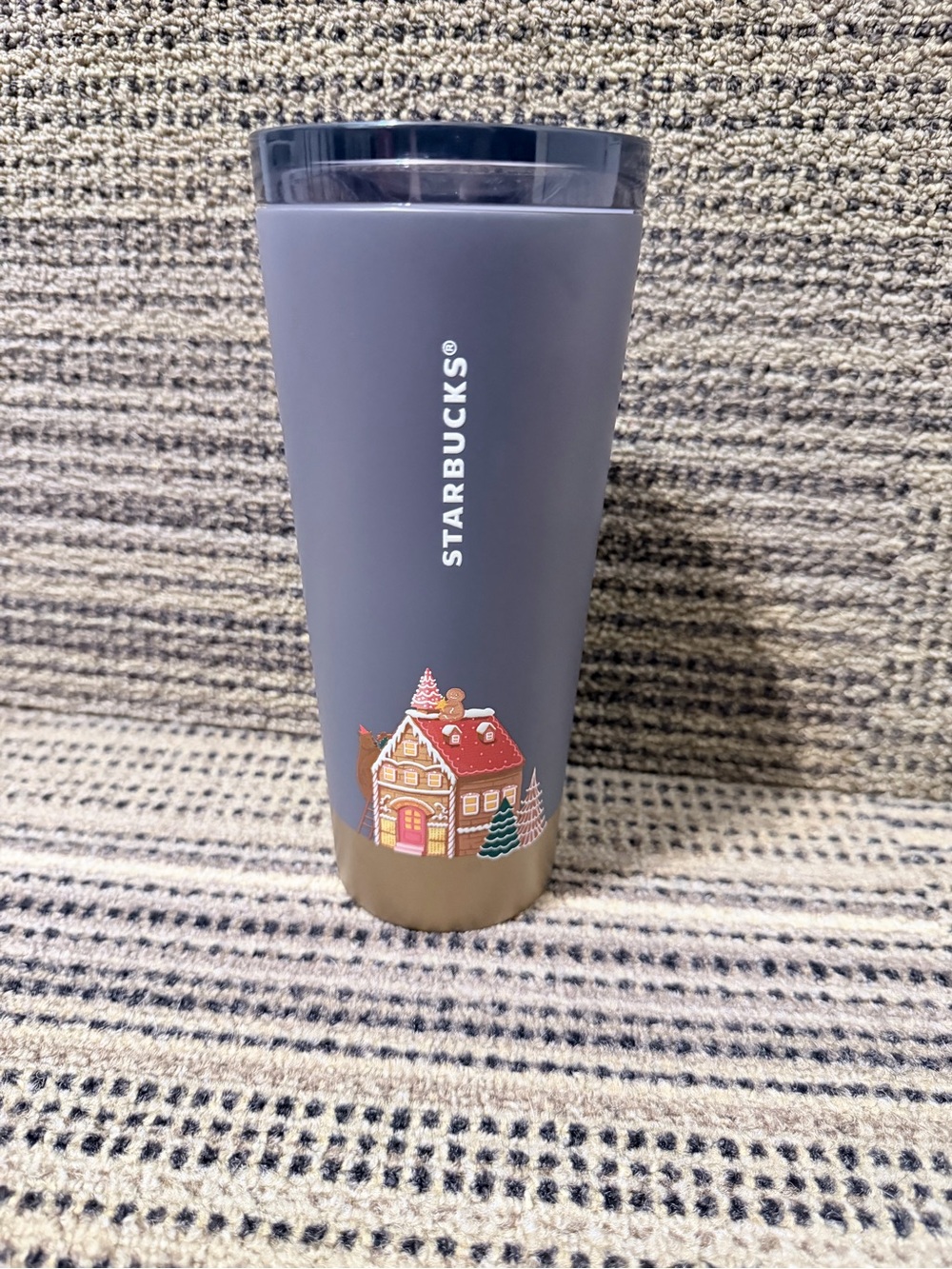 Starbucks 2025 Gray and Gold Holiday Tumbler with Cottage Illustration